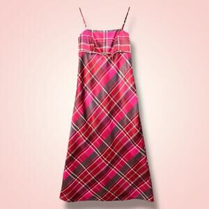 Y2K Pink Plaid Maxi Dress 8 Babydoll A-Line Academia Grunge Coquette Preppy Prom